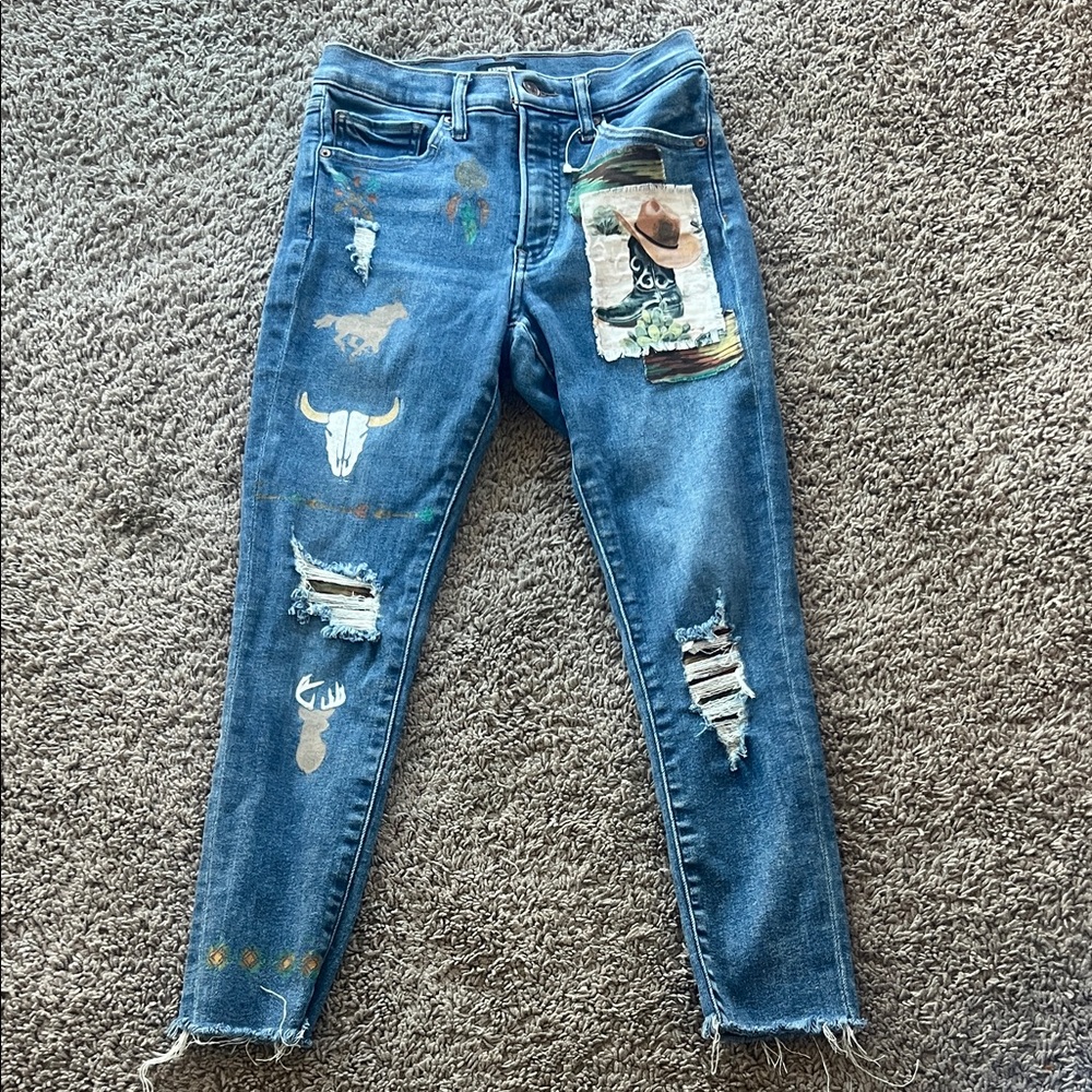 Express Blue Skinny Jeans with Cowboy themed Distressed Patches